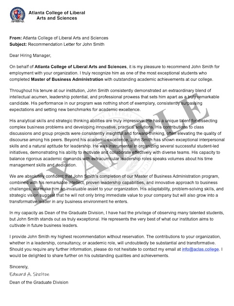 Letter of Recommendation sample